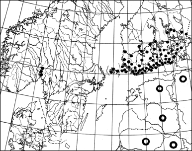 Bild 7. Utbredning hos Thetidia smaragdaria i Finland med &Aring;land samt Baltikum och Norge.