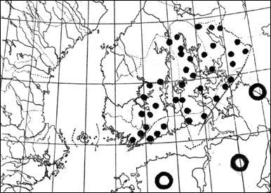 Bild 8. Utbredning hos Lomospilis opis i s&ouml;dra Finland och Baltikum.
